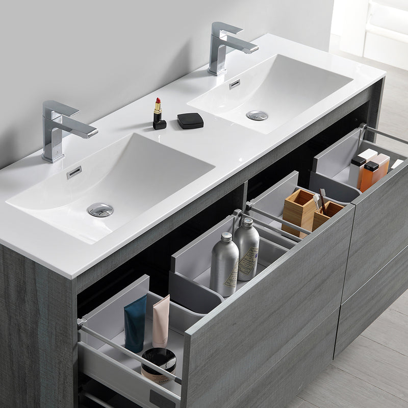 Fresca Catania 60" Ocean Gray Wall Hung Double Sink Modern Bathroom Vanity with Medicine Cabinet FVN9260OG-D