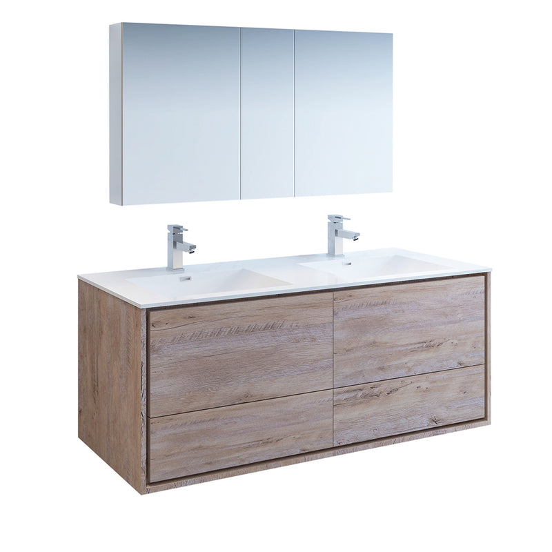 Fresca Catania 60" Rustic Natural Wood Wall Hung Double Sink Modern Bathroom Vanity w/ Medicine Cabinet FVN9260RNW-D