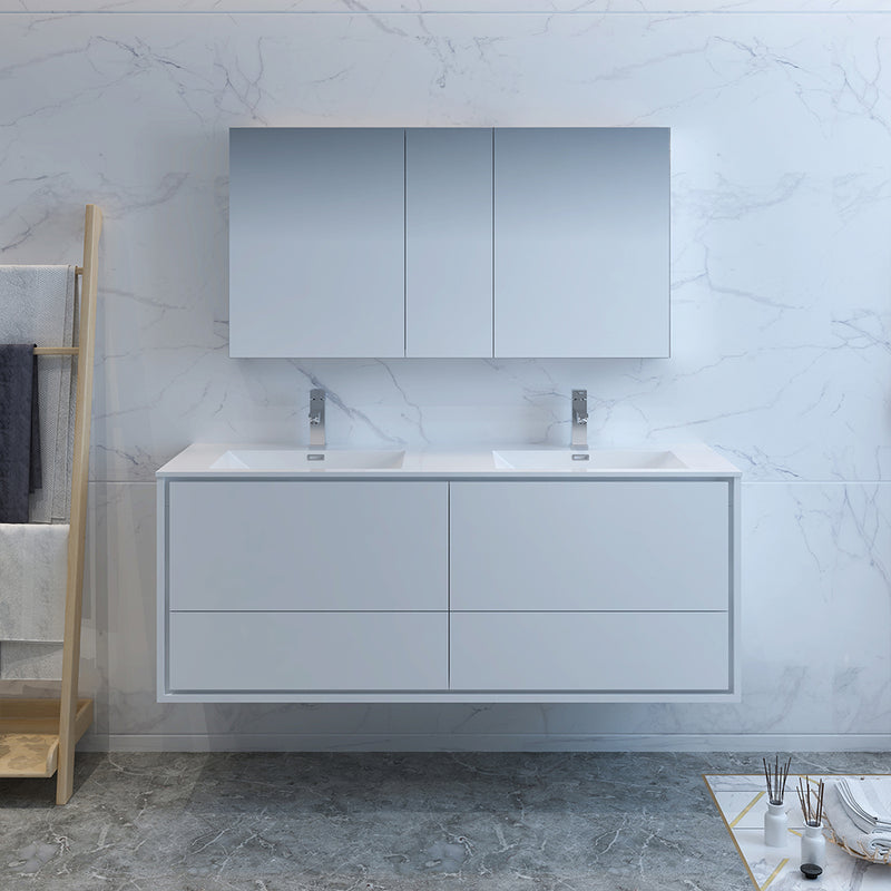 Fresca Catania 60" Glossy White Wall Hung Double Sink Modern Bathroom Vanity with Medicine Cabinet FVN9260WH-D