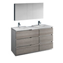 Fresca Lazzaro 60" Glossy Ash Gray Free Standing Double Sink Modern Bathroom Vanity w/ Medicine Cabinet FVN93-241224HA-D