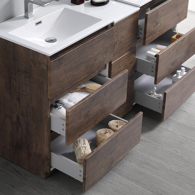 Fresca Lazzaro 60" Rosewood Free Standing Double Sink Modern Bathroom Vanity with Medicine Cabinet FVN93-241224RW-D