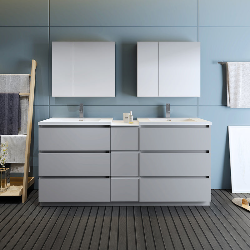 Fresca Lazzaro 72" Gray Free Standing Double Sink Modern Bathroom Vanity with Medicine Cabinet FVN93-301230GR-D