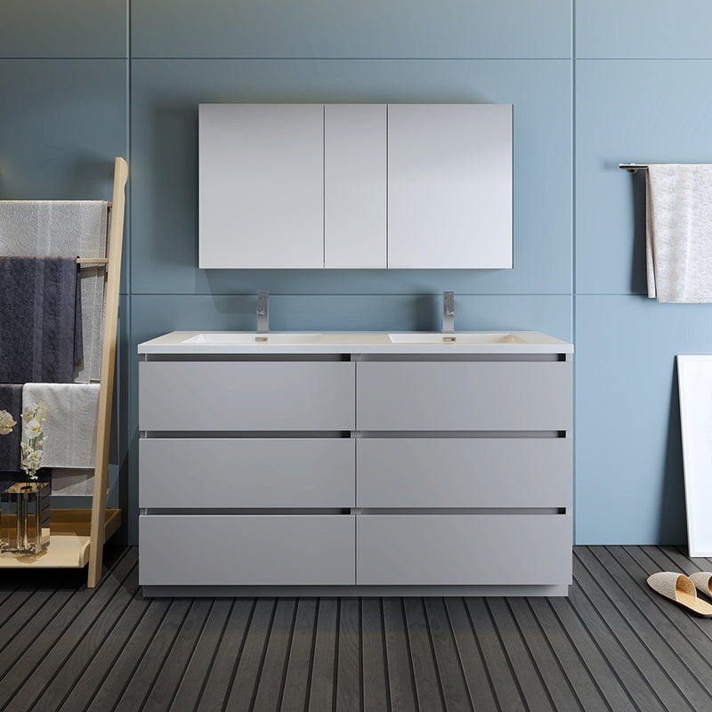 Fresca Lazzaro 60" Gray Free Standing Double Sink Modern Bathroom Vanity with Medicine Cabinet FVN93-3030GR-D