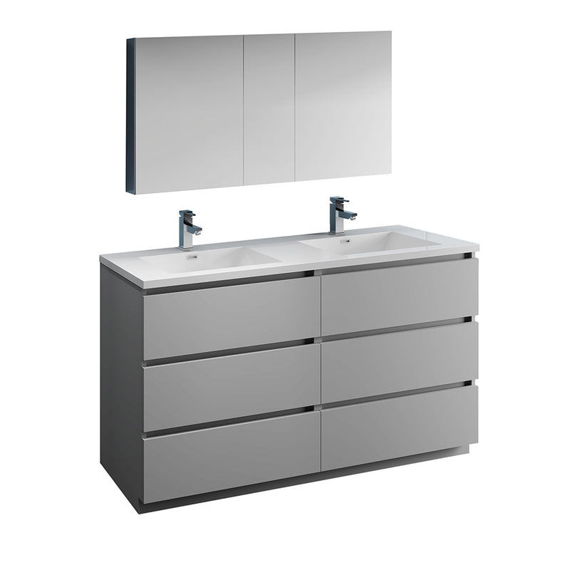 Fresca Lazzaro 60" Gray Free Standing Double Sink Modern Bathroom Vanity w/ Medicine Cabinet FVN93-3030GR-D