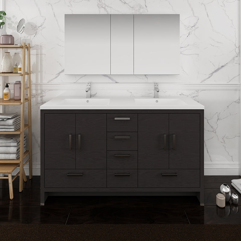 Fresca Imperia 60" Dark Gray Oak Free Standing Double Sink Modern Bathroom Vanity with Medicine Cabinet FVN9460DGO-D