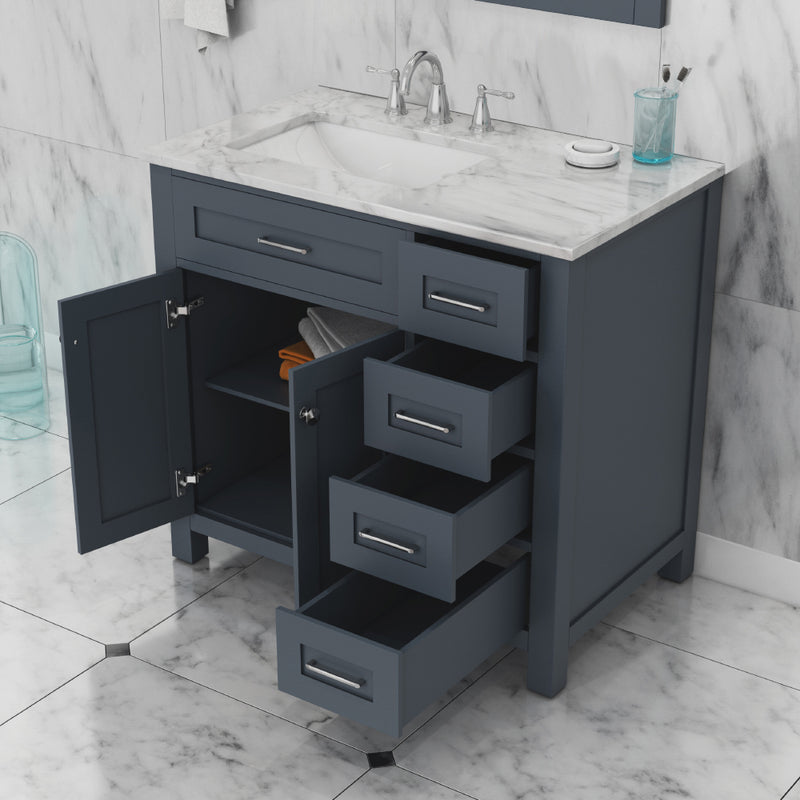 Alya Bath Norwalk 36" Drawer Vanity in Gray with Carrera Marble Top HE-101-36-DR-G-CWMT