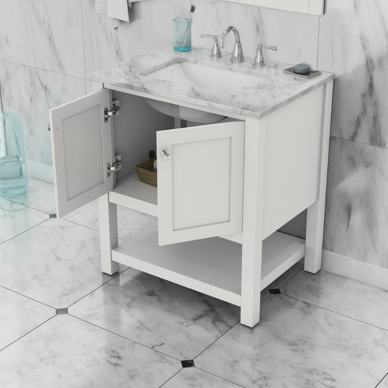 Alya Bath Wilmington 30" Vanity White with Carrera Marble Top HE-102-30-W-CWMT