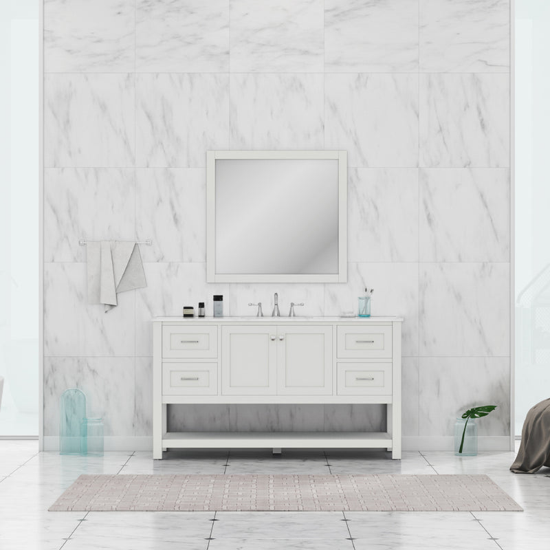 Alya Bath Wilmington 60" Single Vanity White with Carrera Marble Top HE-102-60S-W-CWMT