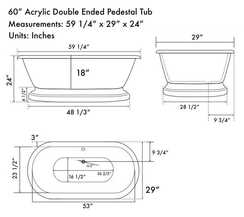 Cambridge Plumbing Acrylic Double Ended Pedestal Bathtub 60" x 30" No Drillings BRZ Package