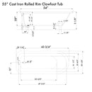 Cambridge Plumbing Cast Iron Rolled Rim Clawfoot Tub 55" x 30" 3 3/8" Drillings PC Package