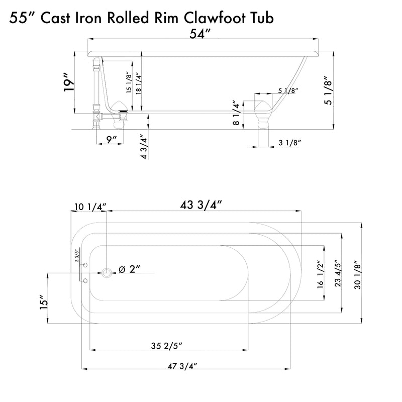 Cambridge Plumbing Cast Iron Rolled Rim Clawfoot Tub 55" x 30" 3 3/8" Drillings BN Package