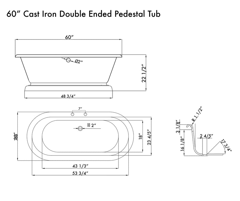 Cambridge Plumbing Cast Iron Double Ended Pedestal Tub 60" x 30" Faucet Drilling Package BN