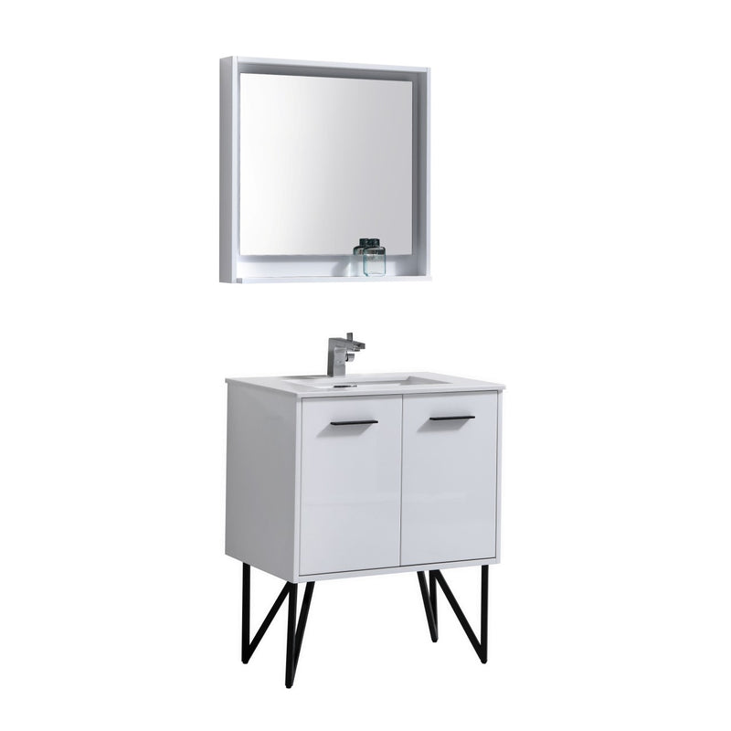 KubeBath Bosco 30" Modern Bathroom Vanity with Quartz Countertop and Matching Mirror KB30GW