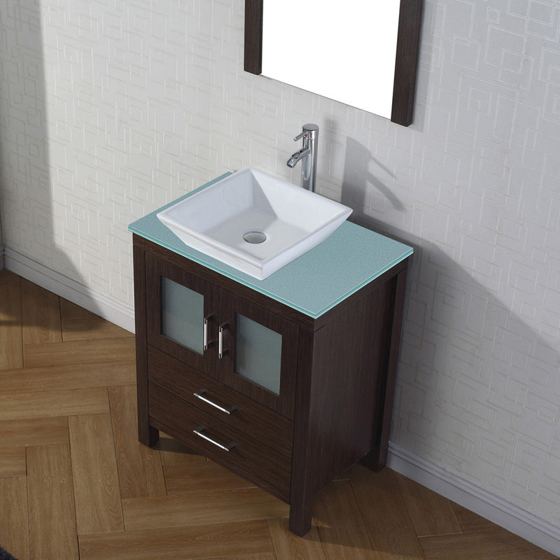 Modern Fittings Dior 28" Single Bath Vanity in Green Glass Top and Square Sink with Matching Mirror