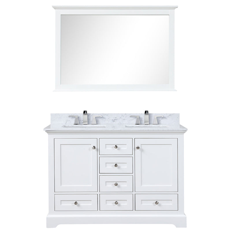 Lexora Dukes 48" W x 22" D White Bath Vanity Carrara Marble Top with Faucet Set and 46" Mirror