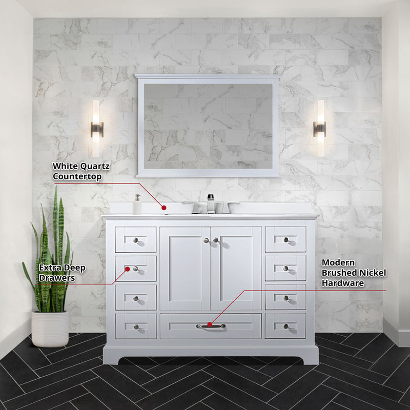 Lexora Dukes 48" W x 22" D White Bath Vanity Quartz Top with Faucet Set and 46" Mirror