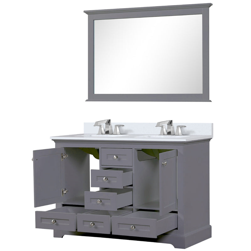 Lexora Dukes 48" W x 22" D Dark Grey Bath Vanity Quartz Top with Faucet Set and 46" Mirror