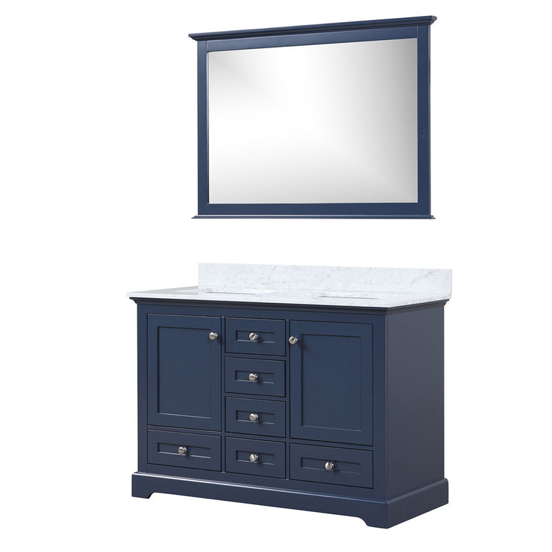 Lexora Dukes 48" W x 22" D Navy Blue Bath Vanity Carrara Marble Top 46" Mirror