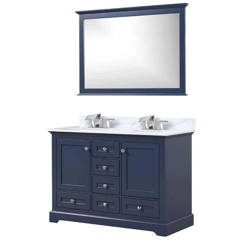 Lexora Dukes 48" W x 22" D Navy Blue Bath Vanity Carrara Marble Top with Faucet Set and 46" Mirror