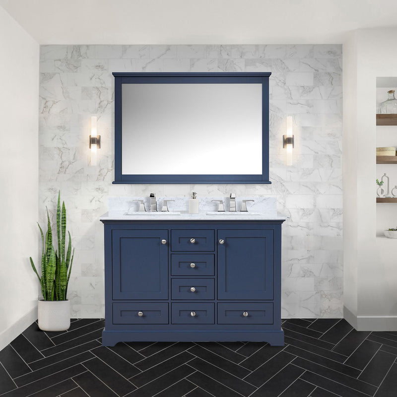 Lexora Dukes 48" W x 22" D Navy Blue Bath Vanity Carrara Marble Top with Faucet Set and 46" Mirror