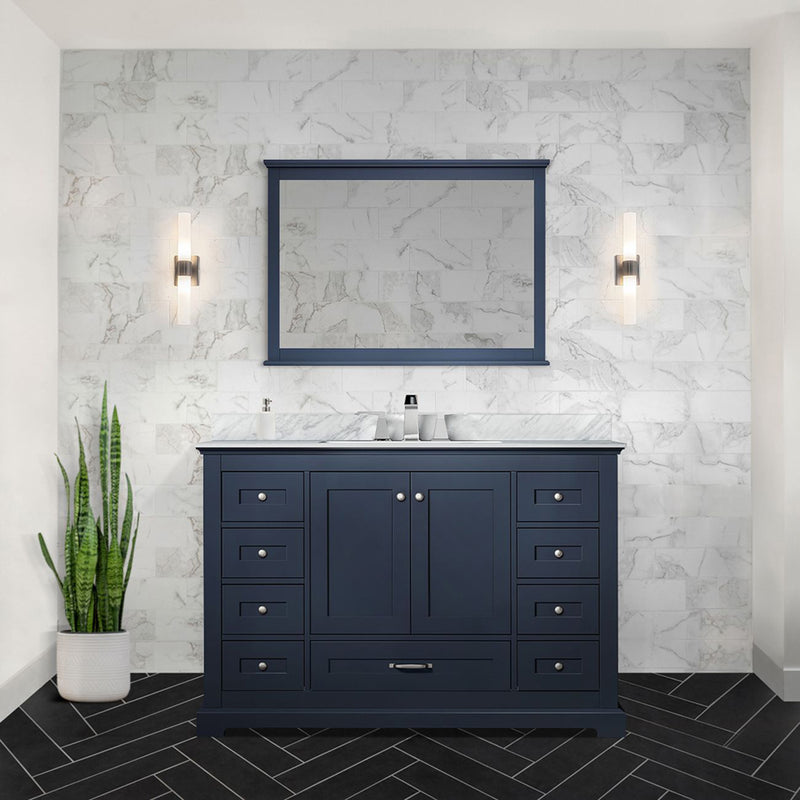 Lexora Dukes 48" W x 22" D Navy Blue Bath Vanity Carrara Marble Top 46" Mirror