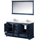 Lexora Dukes 60" W x 22" D Navy Blue Double Bath Vanity Carrara Marble Top with Faucet Set and 58" Mirror