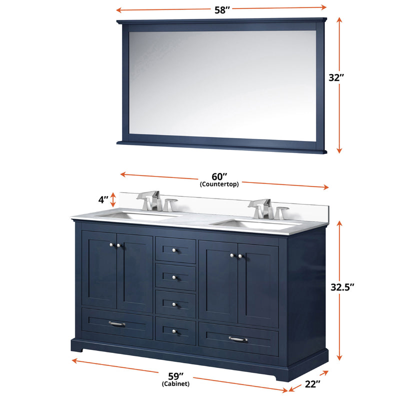 Lexora Dukes 60" W x 22" D Navy Blue Double Bath Vanity Carrara Marble Top with Faucet Set and 58" Mirror