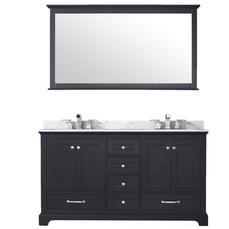 Lexora Dukes 60" W x 22" D Espresso Double Bath Vanity Carrara Marble Top with Faucet Set and 58" Mirror