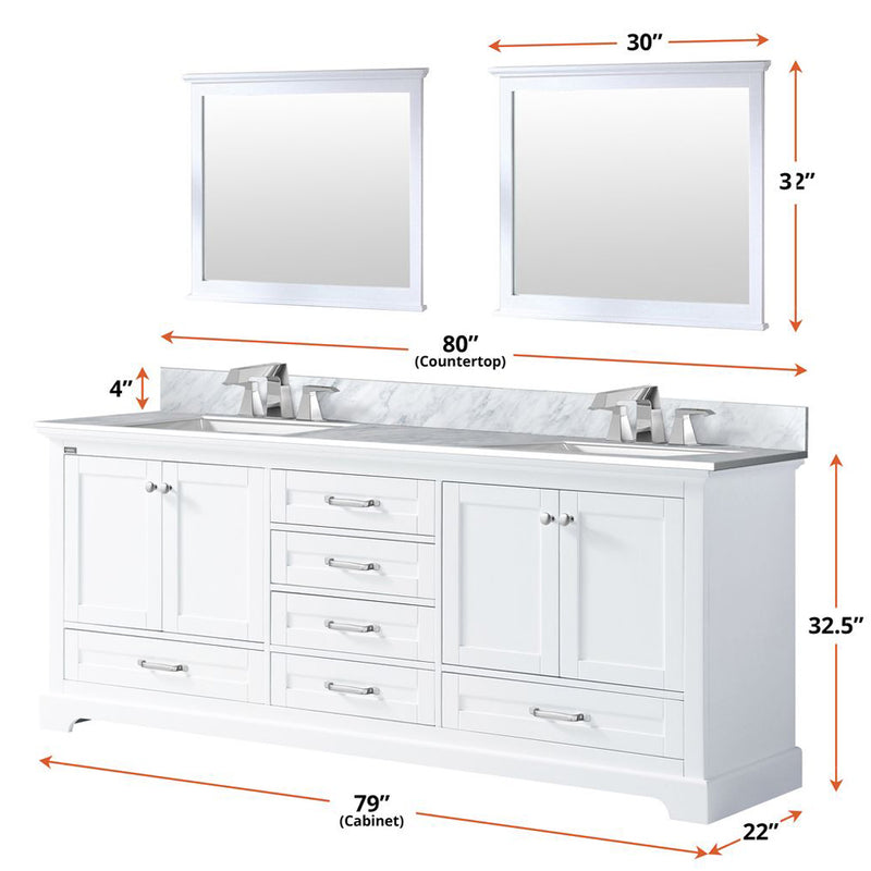 Lexora Dukes 80" W x 22 " D White Double Bath Vanity Carrara Marble Top and 30" Mirrors