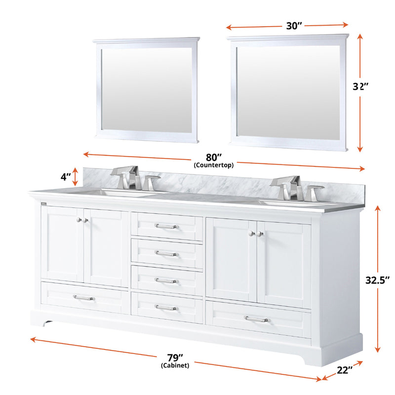 Lexora Dukes 80" W x 22 " D White Double Bath Vanity Carrara Marble Top with Faucet Set and 30" Mirrors