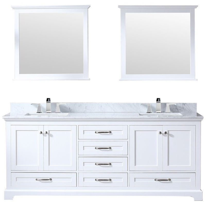 Lexora Dukes 80" W x 22 " D White Double Bath Vanity Carrara Marble Top with Faucet Set and 30" Mirrors