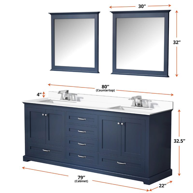 Lexora Dukes 80" W x 22 " D Navy Blue Double Bath Vanity Carrara Marble Top with Faucet Set and 30" Mirrors