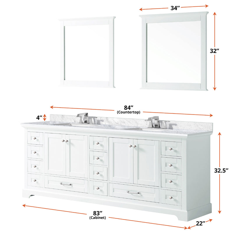 Lexora Dukes 84" W x 22" D White Double Bath Vanity Carrara Marble Top with Faucet Set and 34" Mirrors