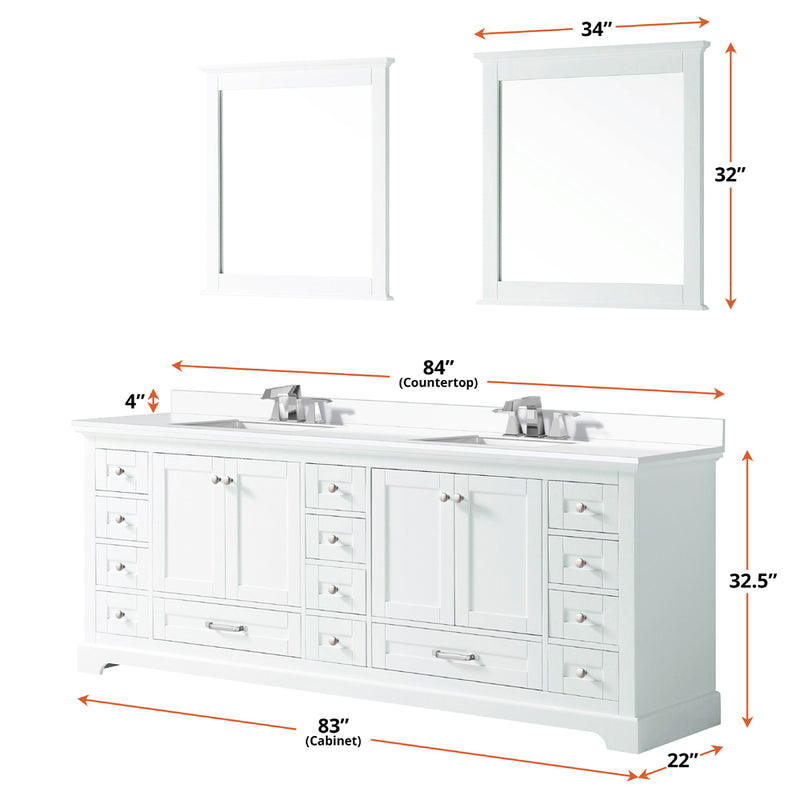 Lexora Dukes 84" W x 22" D White Double Bath Vanity Carrara Marble Top with Faucet Set and 34" Mirrors