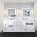 Lexora Dukes 84" W x 22" D White Double Bath Vanity Carrara Marble Top with Faucet Set and 34" Mirrors