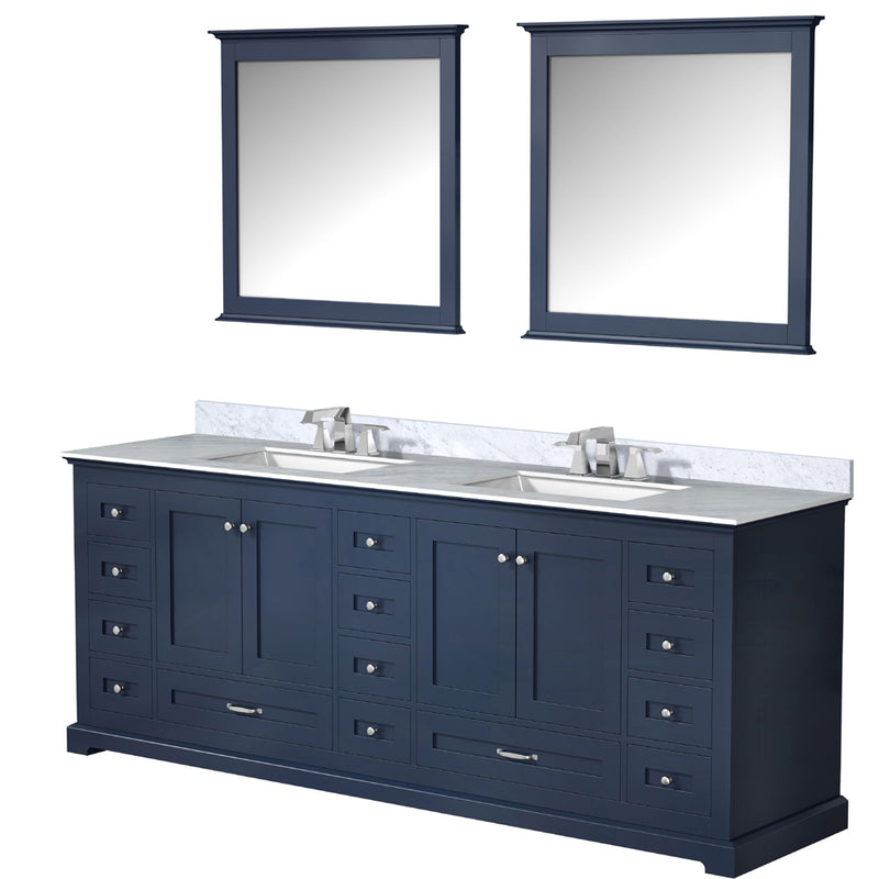 Lexora Dukes 84" W x 22" D Navy Blue Double Bath Vanity Carrara Marble Top with Faucet Set and 34" Mirrors