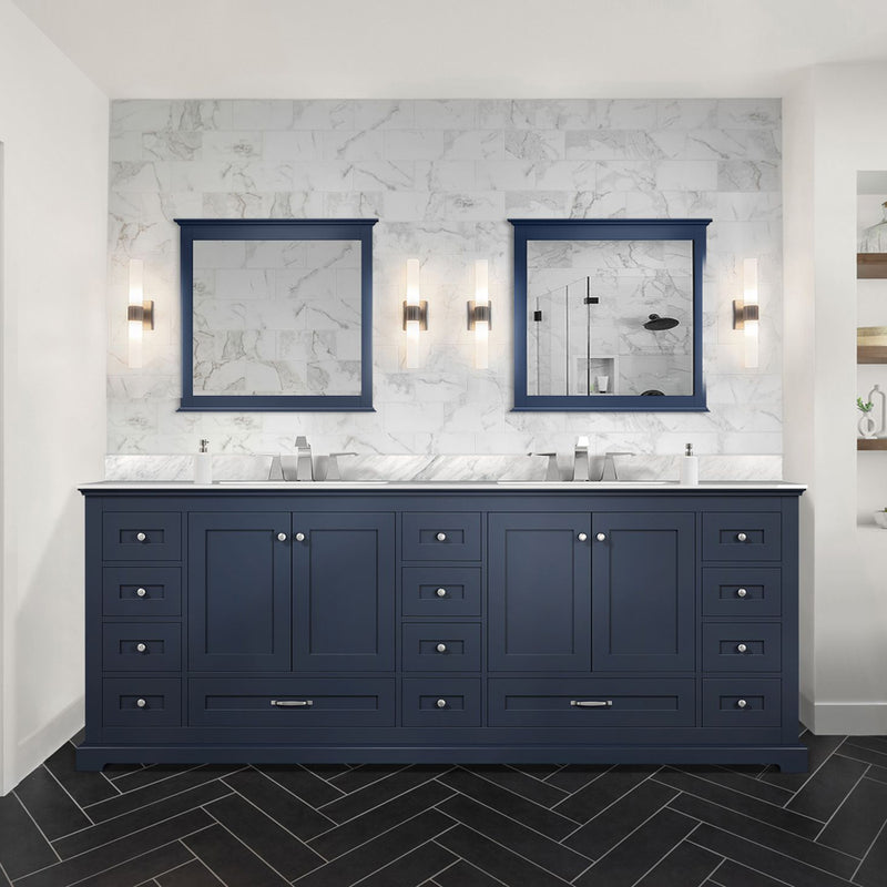 Lexora Dukes 84" W x 22" D Navy Blue Double Bath Vanity Carrara Marble Top with Faucet Set and 34" Mirrors