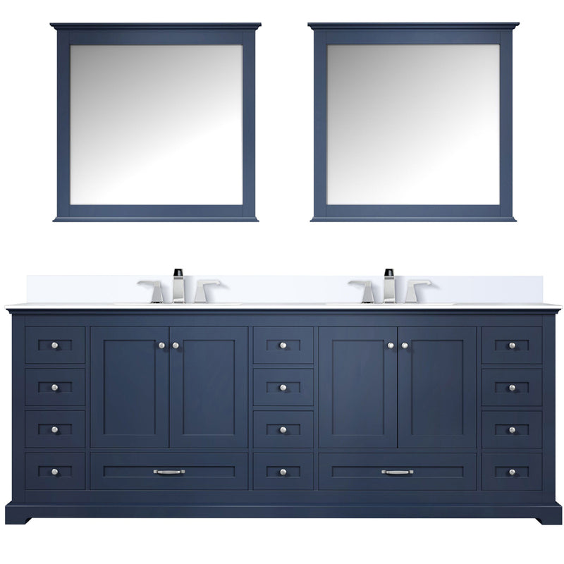 Lexora Dukes 84" W x 22" D Navy Blue Double Bath Vanity Carrara Marble Top with Faucet Set and 34" Mirrors