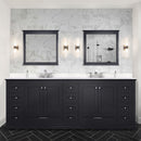 Lexora Dukes 84" W x 22" D Espresso Double Bath Vanity Carrara Marble Top with Faucet Set and 34" Mirrors