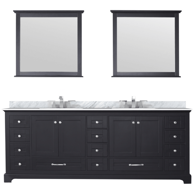 Lexora Dukes 84" W x 22" D Espresso Double Bath Vanity Carrara Marble Top with Faucet Set and 34" Mirrors