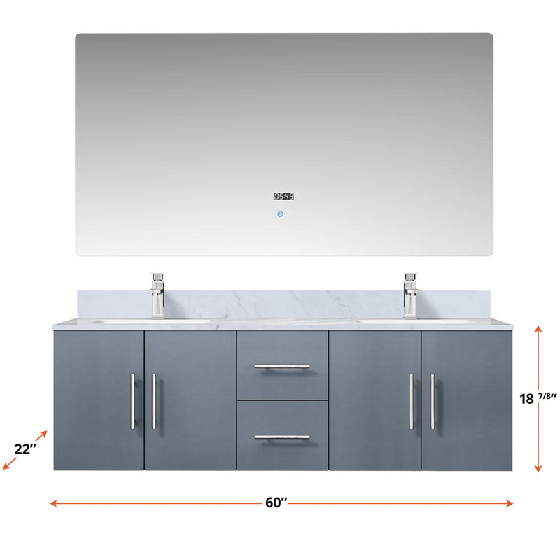 Lexora Geneva 60" W x 22" D Dark Grey Double Bath Vanity Carrara Marble Top with Faucet Set and 60" LED Mirror