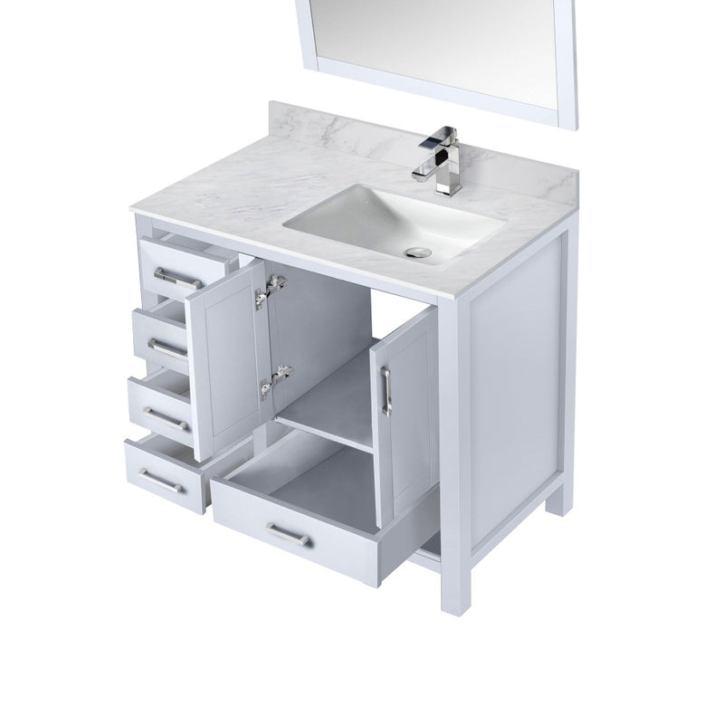 Lexora Jacques 36" W x 22" D Offset White Single Bath Vanity Marble Top with Faucet Set and 34" Mirrors