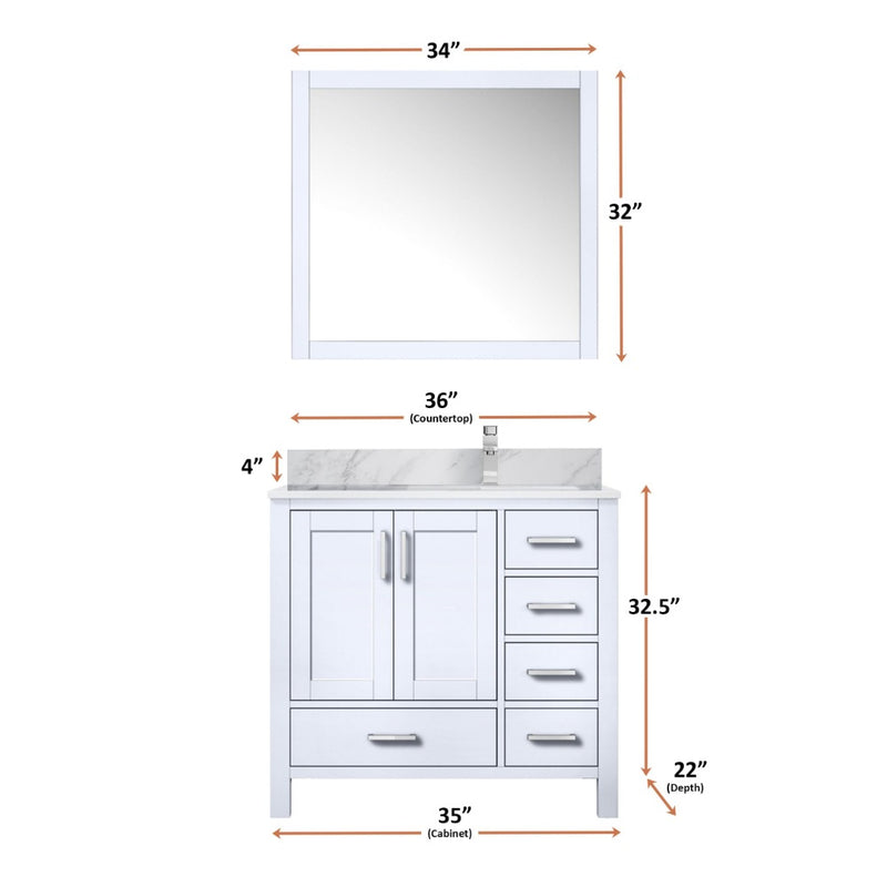 Lexora Jacques 36" W x 22" D Offset White Single Bath Vanity with Marble Top and 34" Mirrors