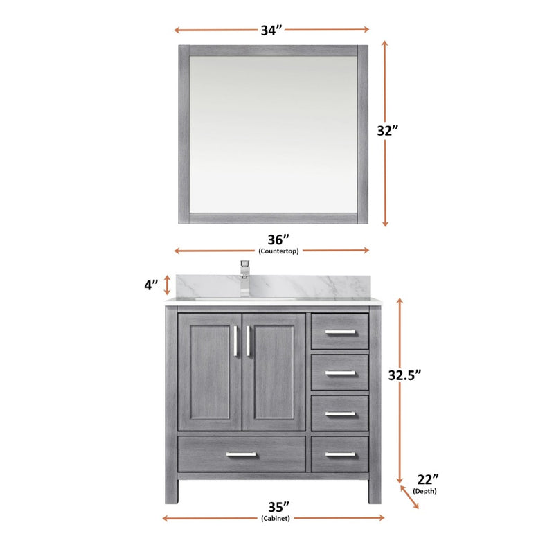 Lexora Jacques 36" W x 22" D Offset Distressed Grey Single Bath Vanity and Marble Top