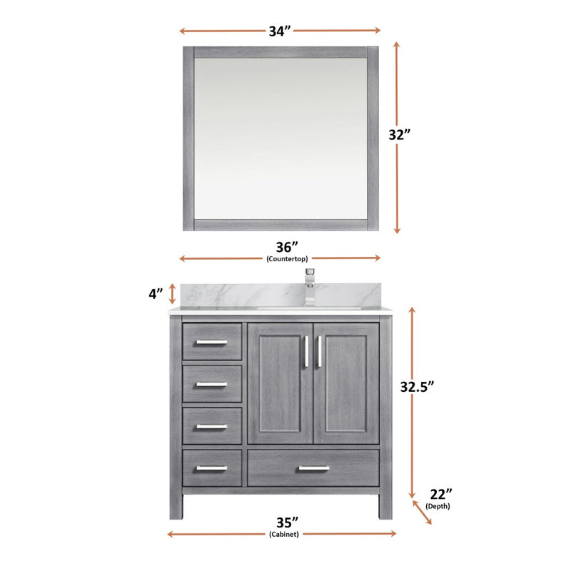 Lexora Jacques 36" W x 22" D Offset Distressed Grey Single Bath Vanity Marble Top with Faucet Set and 34" Mirrors