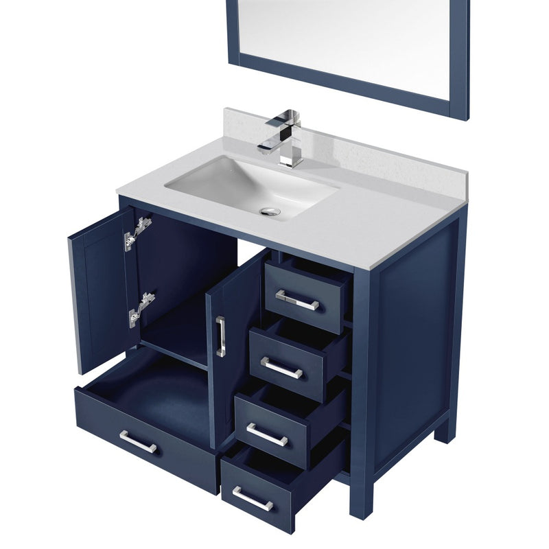 Lexora Jacques 36" W x 22" D Offset Navy Blue Single Bath Vanity Marble Top with Faucet Set and 34" Mirrors