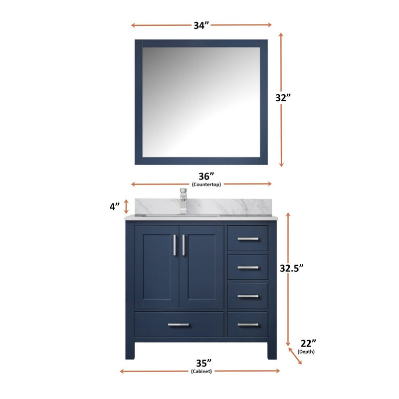 Lexora Jacques 36" W x 22" D Offset Navy Blue Single Bath Vanity Marble Top with Faucet Set and 34" Mirrors