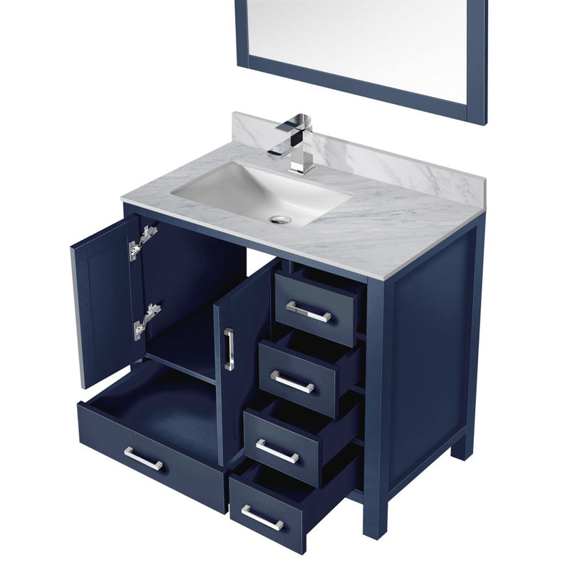 Lexora Jacques 36" W x 22" D Offset Navy Blue Single Bath Vanity Marble Top with Faucet Set and 34" Mirrors