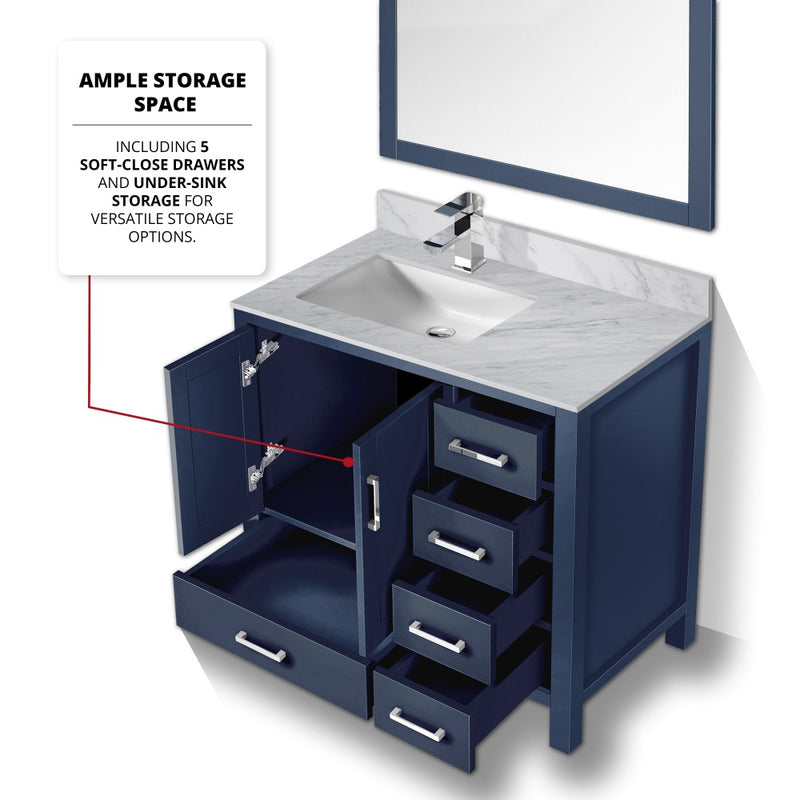 Lexora Jacques 36" W x 22" D Offset Navy Blue Single Bath Vanity with Marble Top and 34" Mirrors