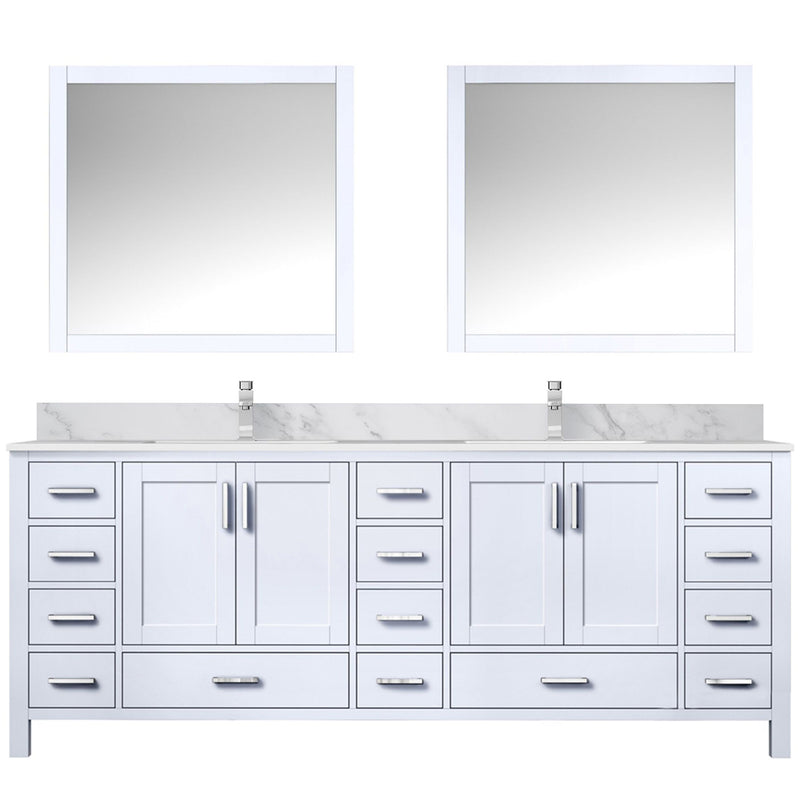 Lexora Jacques 84" W x 22" D White Double Bath Vanity Marble Top with Faucet Set and 34" Mirrors